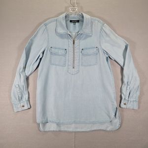 Women's Ellen Tracy Light Denim Long Sleeve 3/4 Zip Front Shirt Tunic Pockets M